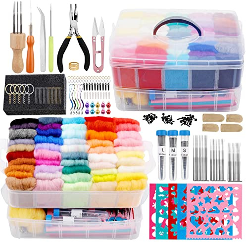 Ruasol Nadelfilzset Nadelfilz-Werkzeug und Zubehör Filzwolle 50 Farben | Komplettes Nadelfilz-Starter-Set mit Filzformen, Hochdichte Schaumstoff-Aufbewahrungsbox für Gefilzte Tier-Bastelarbeiten