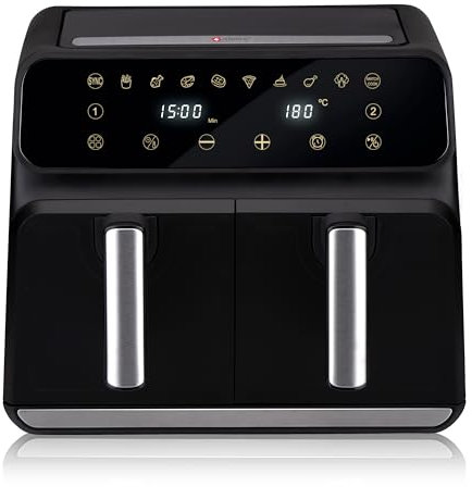 alpina Doppel Heißluftfritteuse 8L - Airfryer 1700W - Heissluftfritteuse für Braten, Frittieren und Grillen - 80% weniger Fett - Geeignet für 4-6 Personen - Einstellbarer Temperatur 60-200°C - Schwarz