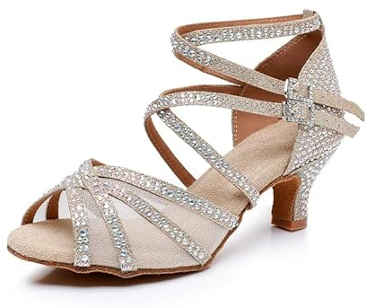 Rosefinch Zapatos de Baile Latino con Diamantes de Imitación, Zapatos de Baile de Salsa para Mujeres/Niñas, Zapatos de Baile de Suela Suave, Dorado 5cm Tacón,37 EU