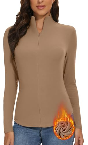 WOWENY Damen Thermo Langarmshirt 1/4 Reißverschluss Fleece Gefüttert Oberteil Stehkragen Pullover Half Zip Sweatshirt Warm Langarm Tops