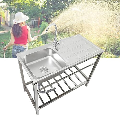 Außenbereich Edelstahlspüle Spültisch mit Wasserhahn Und Werkbank, Küchenspüle Gewerbliche Freistehende Spüle Waschbecken 1 Becken, Platzsparend, für Waschküche, Terrasse ( Size : 100x50xH75cm )