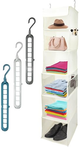 Prismian Organizer Armadio, Organizzatore Armadio Salvaspazio - 6 Ripiani Per Armadio Interno, Porta Borse Da Armadio Pieghevole, Portaoggetti Da Appendere con 4 Tasche Laterali, 2 Ganci, 3 Grucce