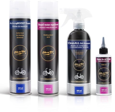 4-teiliges Fahrrad-Reinigungsset von Bike on Wax, Trailblazer Tune-Up, Entfetter, Schmutzentferner, Wasserabweisend, Trockenes Kettenschmiermittel und Politur, Für Mountainbike, Rennrad und E-Bike