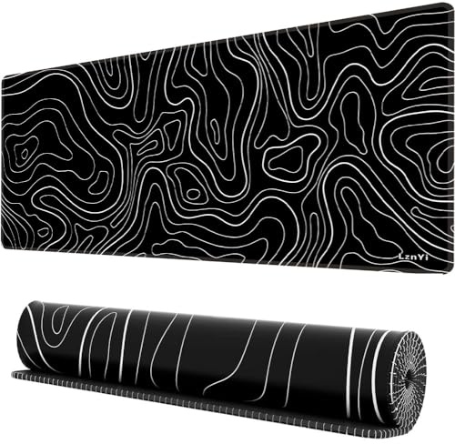 LznYi Topographic Contour Mouse Pad 600x300mm, Keyboard Mouse Mat XL Mousepad Gaming, Non-Slip Base and Stitched Edge for Gaming Office Work (60x30 Topo Black04)