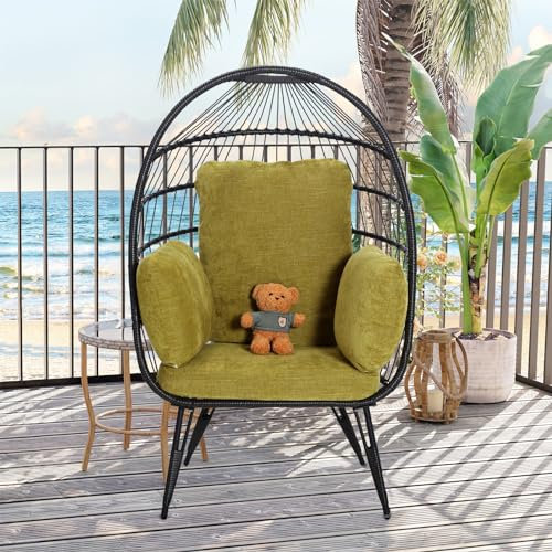 Terrassen-Ei-Stuhl aus Weidengeflecht, für den Außenbereich und Innenbereich, übergroßer PE-Rattan-Ei-Liegestuhl mit Ständer, Kissen, Eierkorb, gepolstert, bequem, Silla de Huevo für Terrass