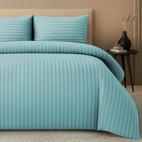 Pamposh Satin Stripe King Size Duvet Cover Sets - Premium Hotel Quality Quilt Cover Bedding Sets - Hypoallergenic Ultra Soft Microfiber Bed Linen
