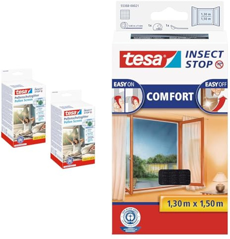 tesa Pollenschutzgitter im 2er Pack- zuschneidbarer, transparenter Pollenschutz & Insect Stop COMFORT Fliegengitter für Fenster - Insektenschutz mit Klettband selbstklebend