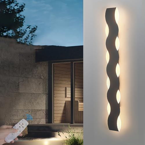 GZZBMY Dimmbar Außen Wandleuchte Modern Wandlampe mit Fernbedienung Minimalistisch Wasserdichte LED Außenlampe Schwarz Wohnzimmer Außenwandleuchte Treppe Garten Innenhof (Dimmbar,80CM)