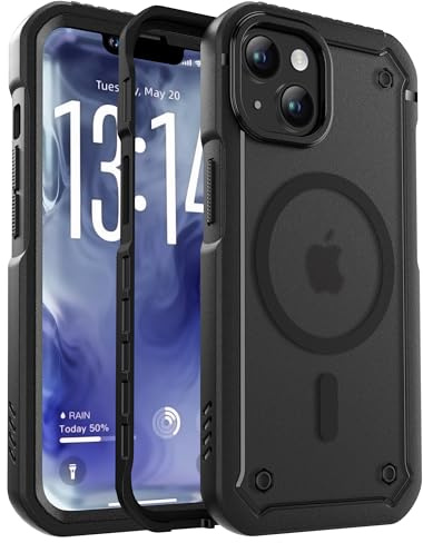 ORETECH Magnetica Opaca Cover per iPhone 13, Cover per iPhone 14 [Compatibile con MagSafe] con [2X Vetro Temperato] Custodia Grado Militare Antiurto Resistente ai graffi TPU Bumper-Nero
