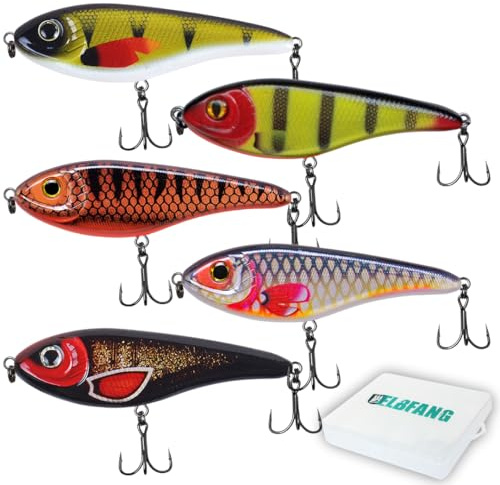 ELBFANG Jerkbait Set - Jerkbait Hecht Köder - Jerk Wobbler - Inklusive Kunstköder-Box (5 Stück/Box / 90mm / 21g)