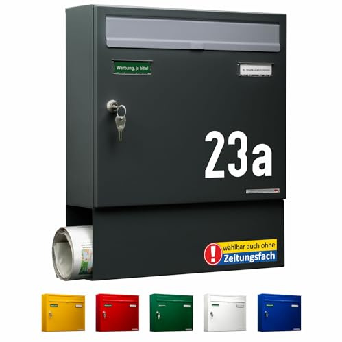 AL Briefkastensysteme Briefkasten mit Hausnummer RAL 7016 - Basic 1er Briefkasten Anthrazit mit Zeitungsfach Hausnummer Namensschild wetterfest Din A4 - Postkasten mit Hausnummernschild personalisiert