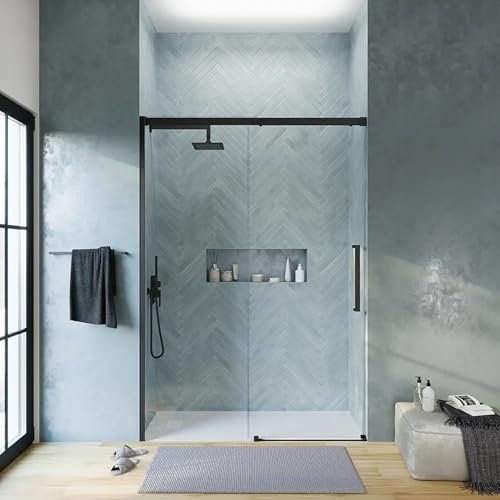 Box Doccia Porta Nicchia 150cm Apertura Scorrevole Vetro Temperato Trasparente 8mm Anticalcare Installazione Reversibile Profili In Alluminio Nero Opaco Altezza 195cm