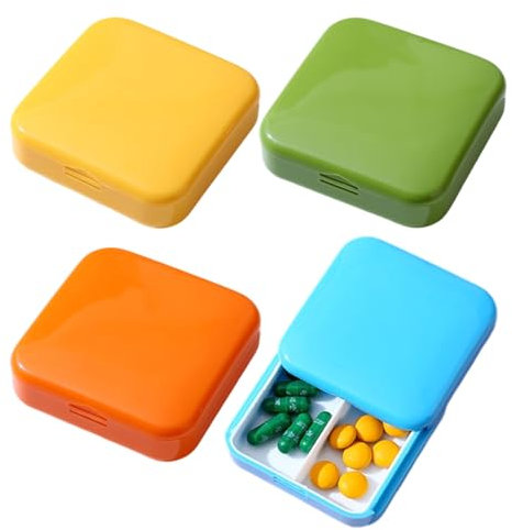 Pillendose, 4 Stück 2 Fächer Mini-Pillendose, tragbare Pillendose für Reisen, Pillendose aus Kunststoff, für tragbare Tasche für Medikamente und Vitamine, 6,3 x 6,3 x 1,9 cm, Farbe