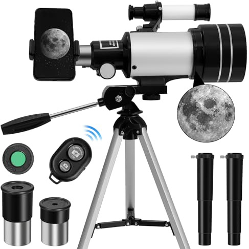 Viugreum Télescope Astronomique 70mm pour Enfants & Débutants - Réfracteur 300x70mm avec Trépied, 2 Oculaires, 2 Lentilles de Barlow, Adaptateur de Téléphone