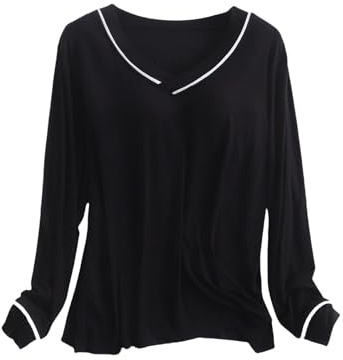 Damen Schlafshirt Langarm Modal, Pyjama Oberteil Langarm Sleepshirt Mit BH Einfarbig Langarmshirt Bequeme Weiche Unterhemd Basic V Ausschnitt Schlafanzüge Nachtwäsche Locker Winterpullover
