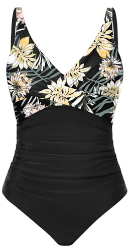 CMTOP Bañadores Mujer Reductores Push Up Cuello en V Acolchado Traje de Baño Una Pieza Vientre Plano Ropa de Baño Control de Barriga Playa Trajes Cintura Alta Pliegues Monokini(Motivo Floral 2,M)