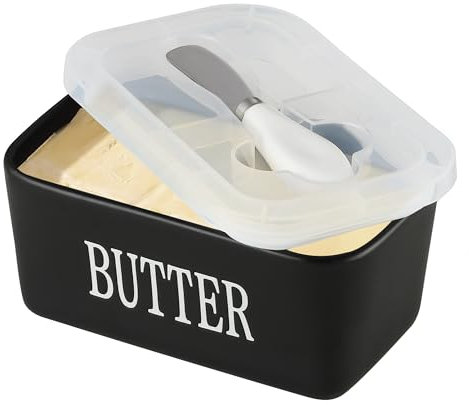 Besmeety Ceramic Butter Dish with Lid, Large Butter Dishes with Removable Silicone Seals for Countertop (6.9”*4”*3”) (Black, 650ML)