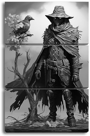 deyoli Un coureur de forêt mystérieux avec corbeau, dans un monde féerique sombre - Format : 120 x 80 cm (3 pièces) - Effet : noir et blanc XXL - Impression d'art sur cadre en bois - Toile murale -