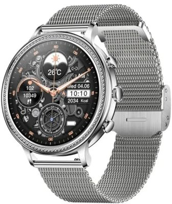 Ethelred Women Smart Watch V60 Luxury Fashion Wristwatch 1.39inch Bluetooth Calling Music Heart Rate Sports Fitness Tracker Smartwatch (Silver)