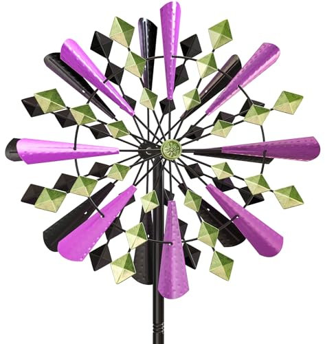 Windrad Garten Metall, Windmühle für den draußen, Windspiel Windblätter 3D Optik, Windspinner Spinner Skulpturen Windfänger für Außenterrassen Patio Rasen (Violett + Grün)