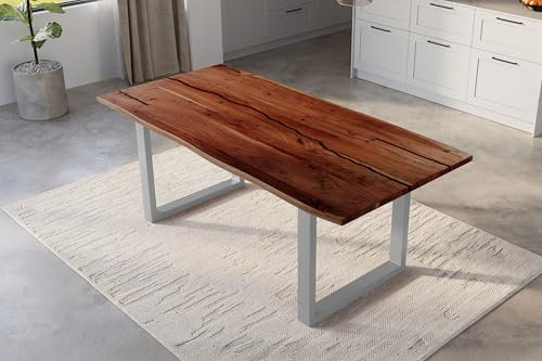 SAM Baumkantentisch 240 x 100 cm Polly, Epoxidharz-Adern in Schwarz, Akazienholz massiv + nussbaumfarben, Esstisch mit U-Eisengestell Silber, Tischplatte 26 mm, Esszimmertisch mit echter Baumkante