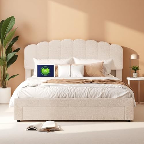 TITA-DONG Polsterbett 160x200 cm, Doppelbett mit USB-Ladefunktion, Bett mit Schubladen und Lattenrost, Funktionsbett, Stauraumbett, Geeignet für Schlafzimmer, Teddy-Stoff, Ohne Matratze