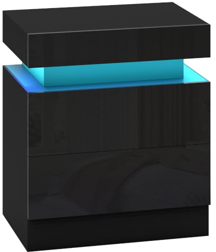 HOMCOM Mesita de Noche Luces LED 3 Colores 2 Cajones Negro | Mesilla de Noche, Interruptor con Cable, Control de APP, para Dormitorio Salón, 45x35x52 cm