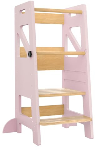 UISEBRT Torre de aprendizaje para niños a partir de 1 año, ayuda de pie de altura regulable en 3 posiciones, torre de exploración de madera, ayudante de cocina con superficie antideslizante y pies