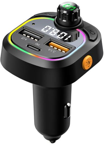PRMHOOT Bluetooth 5.3 Adapter Auto, Type-C & USB A Simultanladung FM Transmitter Auto Bluetooth, Hi-Fi Stereo Car Radio Zigarettenanzünder, Freisprecheinrichtung & LED-Licht & U-Disk