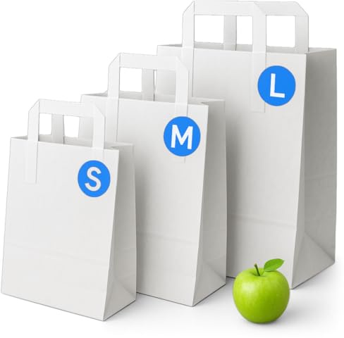White Paper Bags with Handles - Small 8.5 x 7 x 3, 100 Pack, 70gsm Kraft Material, Takeaway Lunch Grocery Shopping Gift Party