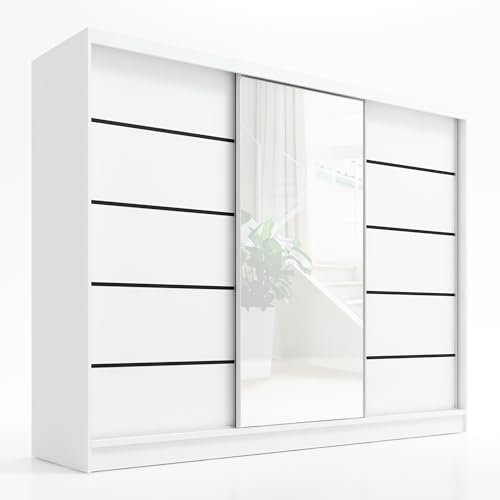 A&J MöbelLand Kleiderschrank Aurelia 2 – Schwebetürenschrank 200 cm breit mit Spiegel, 3-türig, Kleiderschrank mit Schubladen, Schiebetürenschrank für Schlafzimmer oder Garderobe