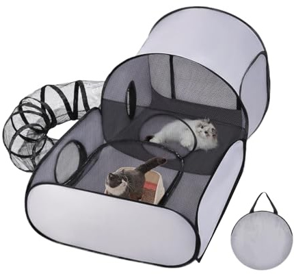 Katzenspielgehege | Katzengehege Mit Tunnel & Hundeauslauf - Zusammenklappbares Gehege Für Kleintiere Zuhause, Camping & Reisen