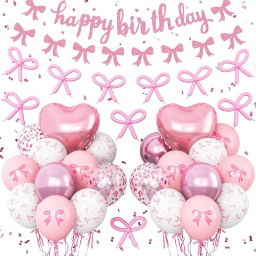 DazzJoy Halsband, ballonger, födelsedag, rosa, set med Happy Birthday-girlang, rosett, heliumballonger, födelsedagsdekoration, rosett, luftballong, rosa för barnfödelsedag, dekoration flicka, kvinna