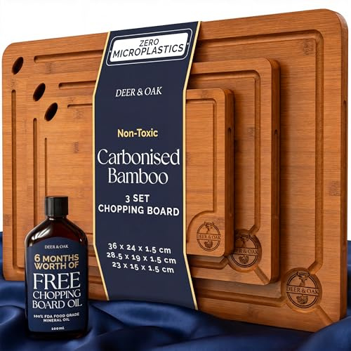 Deer & Oak 3-Piece Carbonised Bamboo Board Set & 100ml Oil Bundle | 42 x 28cm, 30.5 x 20cm, 23 x 15cm · Hanging Hole · Food Grade Wood Treatment · Supplied Pre-oiled