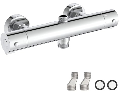 Chrom Mischbatterie Thermostat Duscharmatur mit 38 ℃ Sicherheitssperre | Aufputz Duscharmatur Regendusche aus Messing, Bad Armatur Dusche mit 2 Auslässen, Oben 3/4 BSP + Unten 1/2 BSP BATHLAVISH
