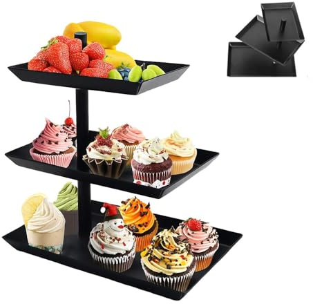 Obst Etagere,3 Etagen Drehbar Obst Tortenständer,360° Rotierend Kuchenschale Snackhalter Ausziehbar, Servierplatte Metall Dessert Tisch für Party Hochzeit Büro,Schwarz
