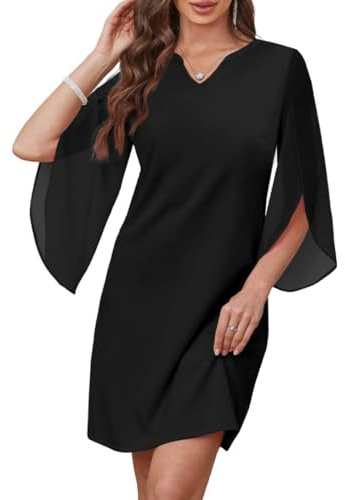 AOWVUTS Vestido de Cóctel para Mujer Midi Vestido Elegante de Manga 3/4 Vestidos Corto Casual de Gasa Cuello en V Vestidos Formal Línea A para Fiesta Noche Invitada Boda Ceremonia