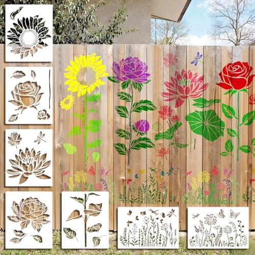 Zeyune 20 Pcs Large Flower Fence Stencils for Painting 13 Inch Decorative Floral Accents Stencils for Crafts Reusable Blooming Flower Stencil kit for Mural Walls Outdoors Garden Fence and Canvas