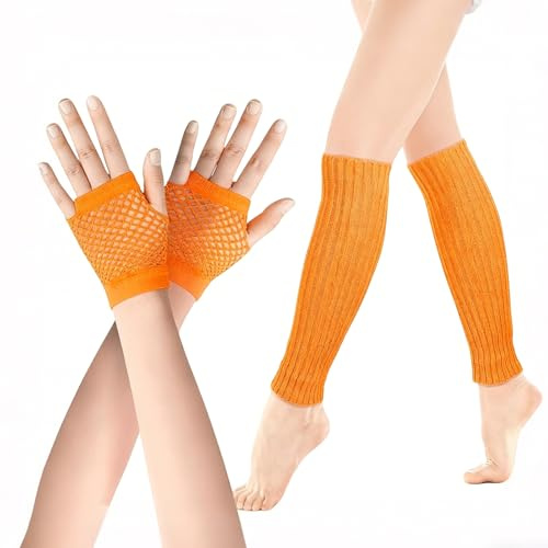 Elastische Neon Beinstulpen und Netzhandschuhe Set, Damen Bein Stulpen