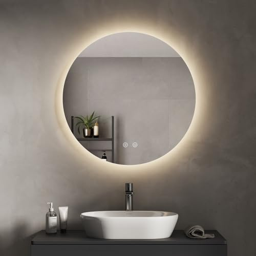Maevor Badspiegel mit Beleuchtung Rund, 50 cm LED Spiegel mit Touch-Schalter, Badezimmer Spiegel mit Beleuchtung/3 Lichtfarbe Einstellbare/Dimmbar, LED Wandspiegel mit Licht, IP44