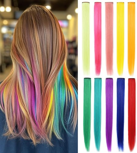 Rhyme Rainbow Hair Extensions Colored Hair Extensions Clip In/On For Girls Hair Accessories Wig Pieces For women 9PCS