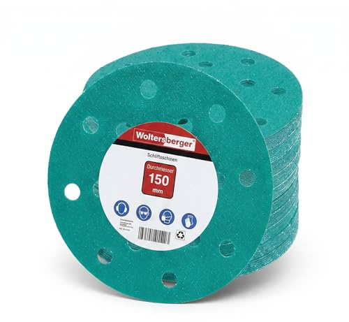Woltersberger® 50 dischi abrasivi eccentrici Ø 150 mm | Grana P60 | 15 fori in verde | per una levigatura ottimale, versatile