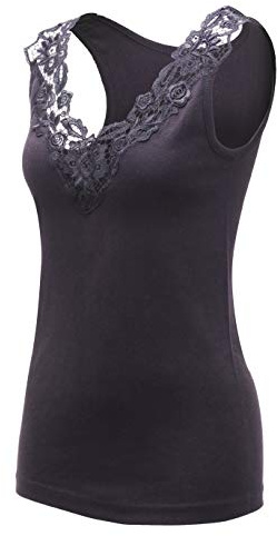 MARIA ANGEL LINGERIE Ladies Plain Cotton Wide Strap Vest Top Lace Trim Neck Design Cami Tank Camisole (UK, Numeric, 16, 18, Regular, Regular, Black)