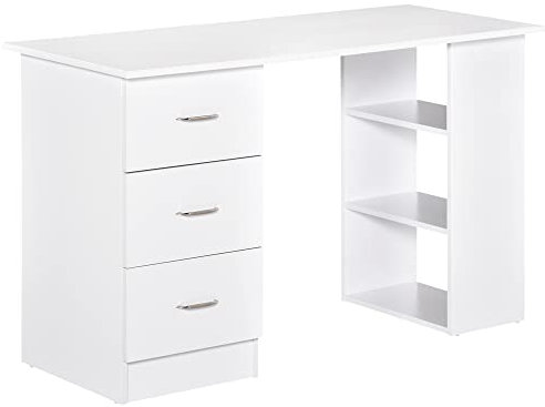 HOMCOM Computer Desk, Writing Table, PC Workstation with 3 Storage Shelves and Drawers, Silver Handle, for Home Office, White