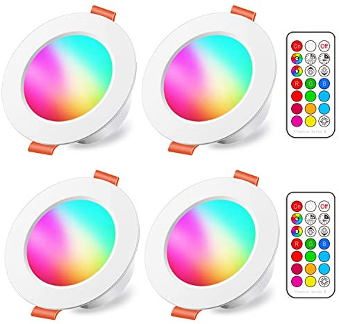 iLC LED Recessed Ceiling Lights, 8W Colour Changing RGB, Φ70-85mm Hole, Spotlights Round Panel Downlights Cold White 5700K, 12 Colours 2 Modes Timing with Remote Control (4 Pack)