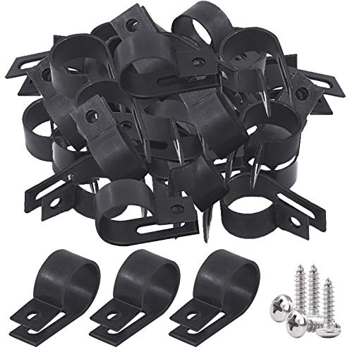 Glarks 60 Stück 1,9 cm (3/4 Zoll) schwarze Nylon-Schraubmontage R-Typ-Kabel-Clip-Drahtklemme mit 60 Schrauben für Draht, Kabel, Leitungen und Kabelkanal Kit (schwarz)
