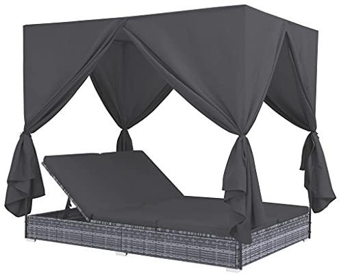TEWTX7 Outdoor Lounge Bett mit 2 große Kissen und die dazugehörigen Vorhänge, Sonneninsel mit Sonnendach, Garten Sofa, Gartenmöbel, Pulverbeschichteter Stahlrahmen, 197 x 140 x 180 cm