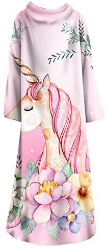PEIHUODAN Kuscheldecke Mit Ärmeln Kinder Mädchen 6-12 Jahre 115x130 cm Winter Weiche TV-Decke Fleece Flanell Tagesdecke Ärmeldecke Lazy Einhorn Motiv Warmer Poncho Kuscheldecke Flauschig (Rosa a)
