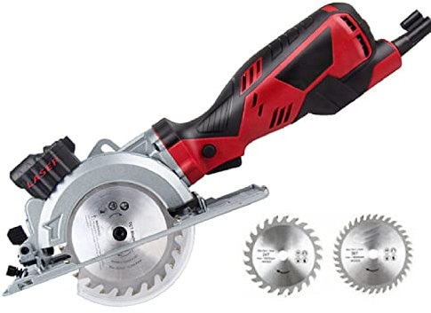 Mini Circular Saw, Compact Circular Saw with Guide, 4500 RPM, 0-45° Bevel Range, with Laser Multi-Function Saw, 6 Blades, Rubber Handle, Ideal for Woods, Tile, Soft Metal Cuts