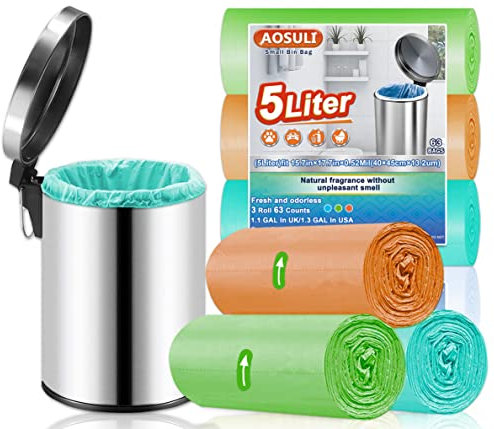 5L Bin Bags AOSULI 63 Counts 3-6L Small Pedal Garbage Bags Colorful Bin Liners for Home Office, Lawn,Bathroom,Toilet Wastebasket (Fits 3L,4L,5L 6L Bins)